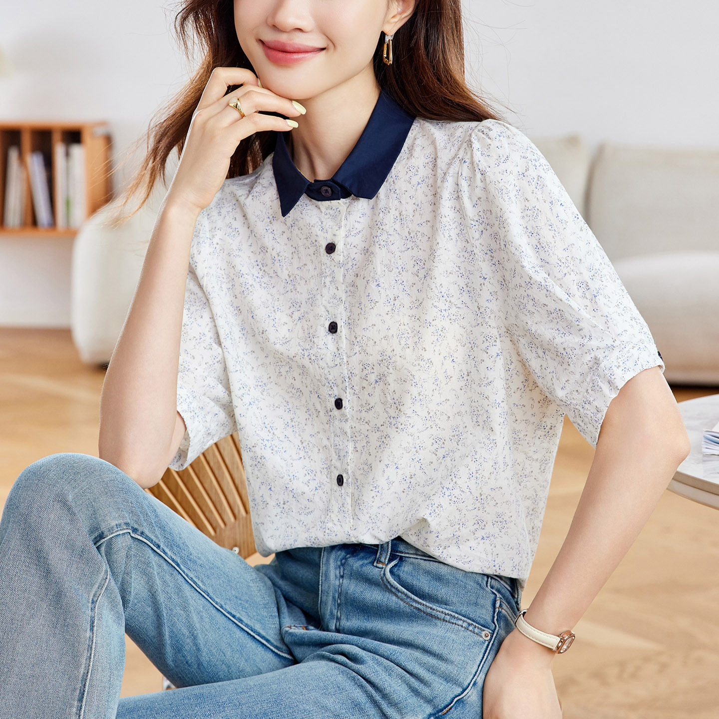 棉茧 碎花小方领衬衫女短袖2026夏季拼接设计感小众上衣纯棉衬衣