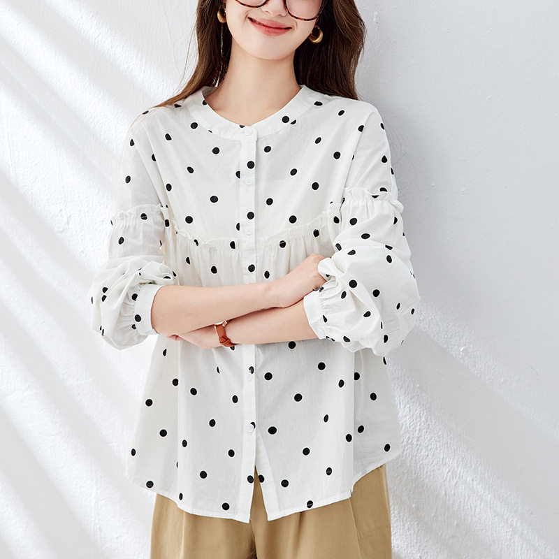 棉茧 波点圆领衬衫女长袖2026春夏季宽松休闲上衣木耳边纯棉衬衣