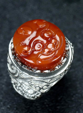 天然凉山南红玛瑙S925银戒面镶嵌