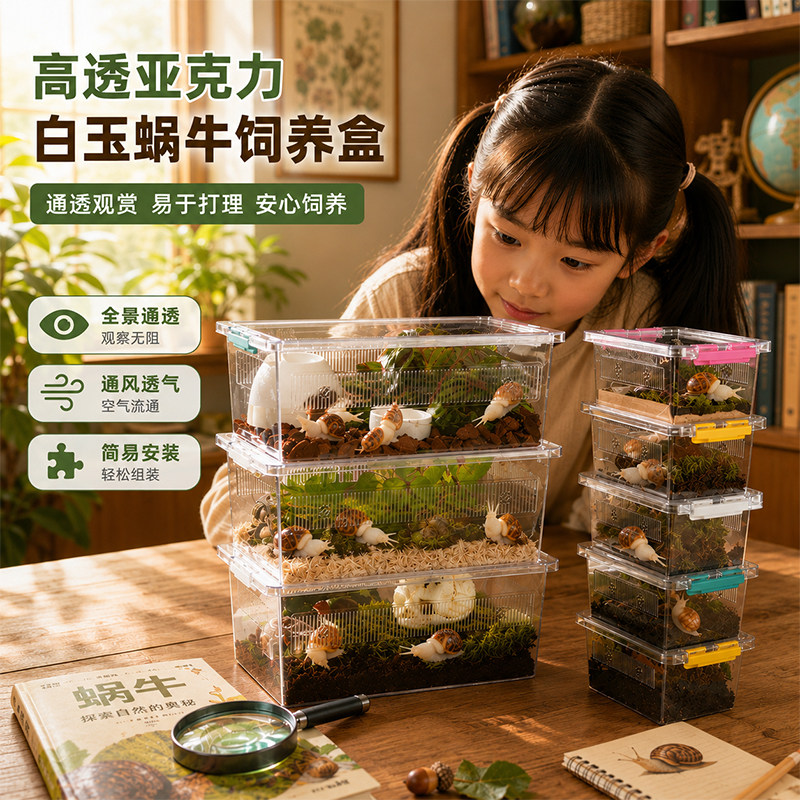 白玉蜗牛宠物学生儿童养蜗牛大号套装观察实验课爬宠活体造景盒子