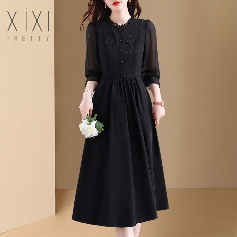 2025春秋新款妈妈高端大牌连衣裙中老年气质修身长袖绣花减龄裙女