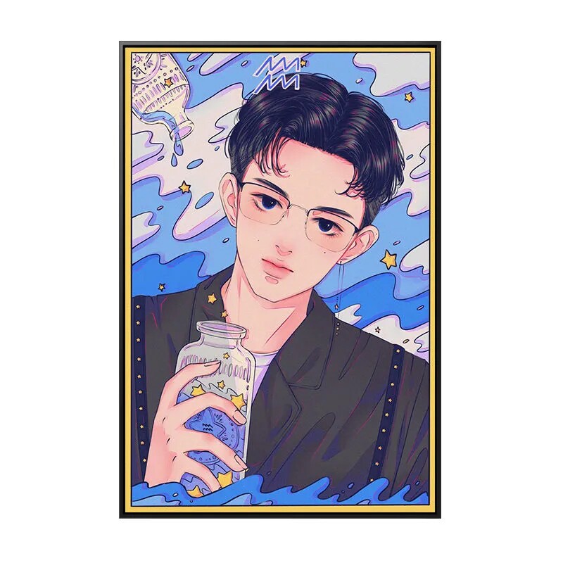 动漫十二星座男生 水瓶 白羊双子座diy数字油画卧室背景墙装饰画