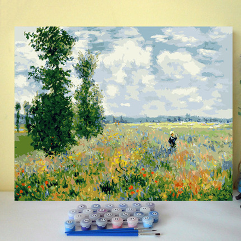 莫奈世界名画diy数字油彩画手工填色丙烯油画 罂粟田简约北欧风景