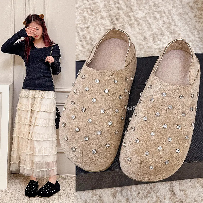 【拧麻花乳胶鞋】2026水钻女款春季平底可踩包跟防滑韩版包头勃肯