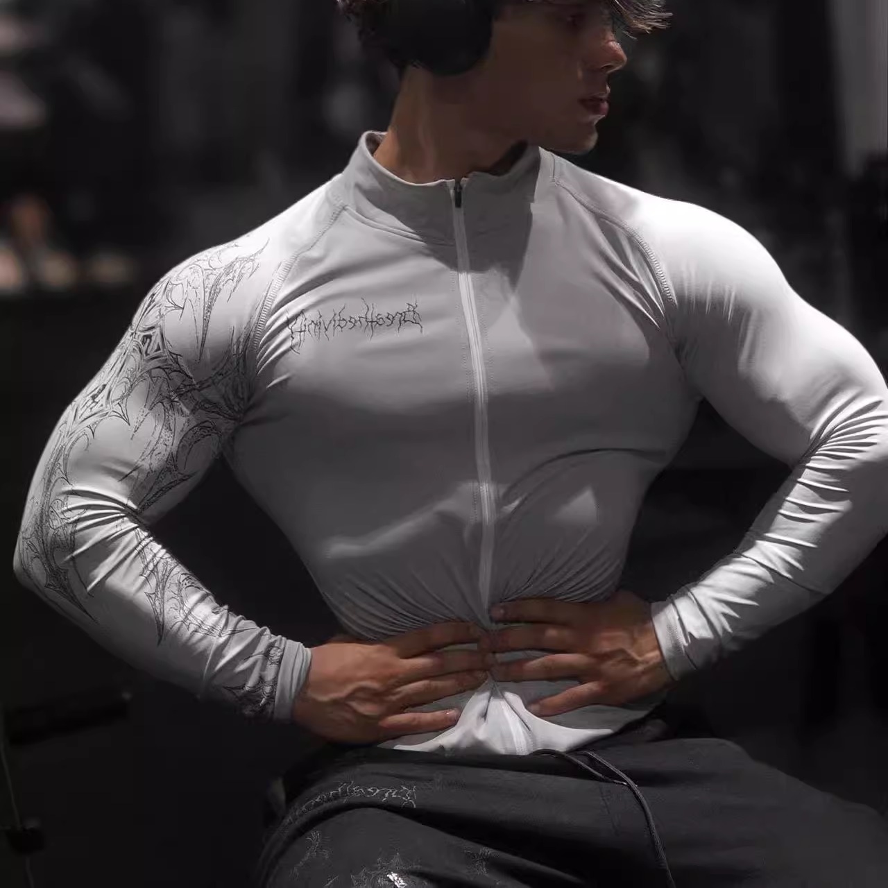 恶魔来袭健身长袖T恤衫男拉链半高领修身户外骑行运动训练衣服潮