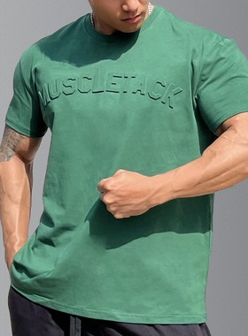 运动短袖男棉质健身宽松钢印休闲T恤衫百搭灰色美式篮球训练衣服