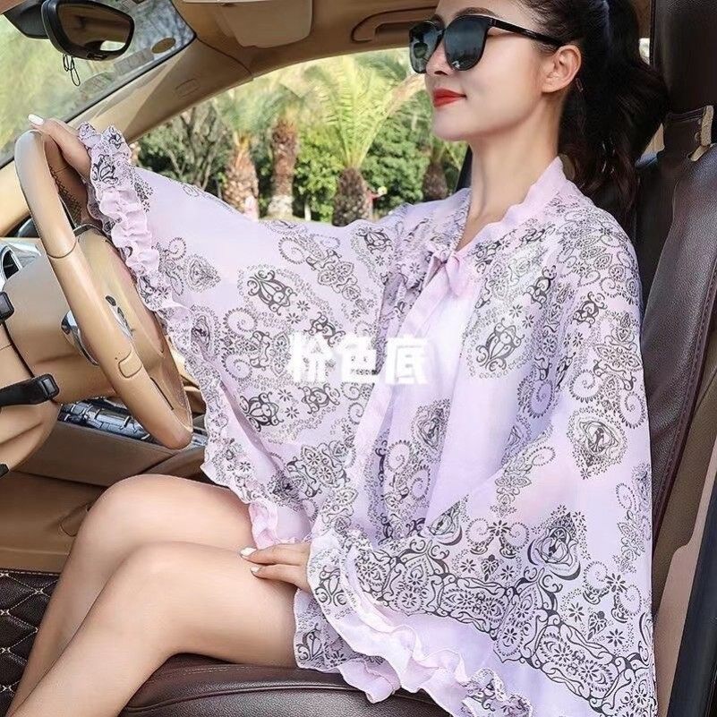 防晒披肩热销夏季加大骑车印花紫外线开车遮阳衣女女夏花边斗篷