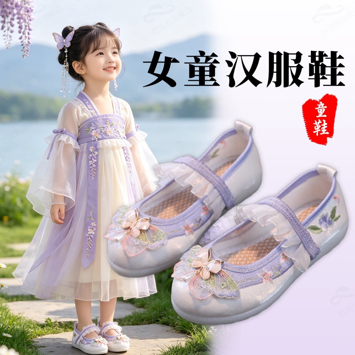 汉服鞋女童国风配马面裙紫色鞋子布艺古风鞋古装新中式儿童绣花鞋