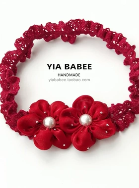 婴儿护囟门发带花朵甜美百天生日女宝宝头饰婴幼儿发饰红色不勒头