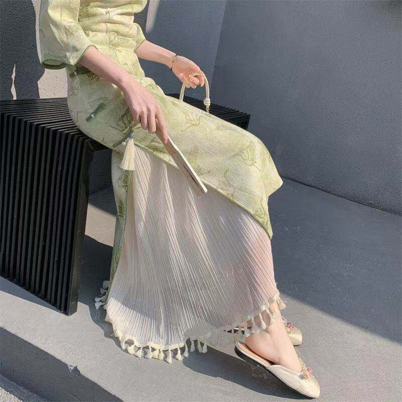 旗袍内衬薄款衬裙流苏花边百褶裙无痕蕾丝仙女半身裙新款打底百搭
