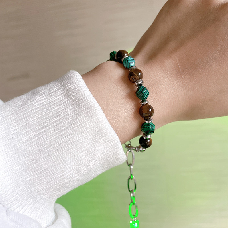 天然石拼撞色石珠手链ins冷淡风国潮嘻哈潮酷男女秋冬配饰原创绿