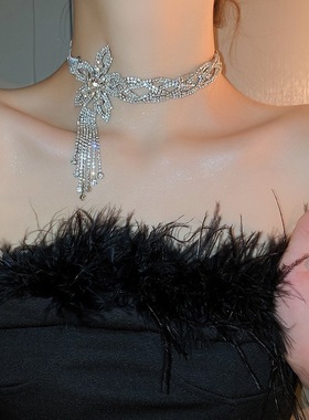 欧美时尚满钻花朵流苏丝带项链女