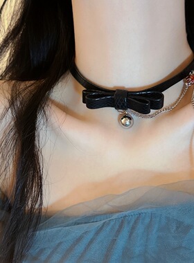 小众铃铛流苏pu蝴蝶结项链choker
