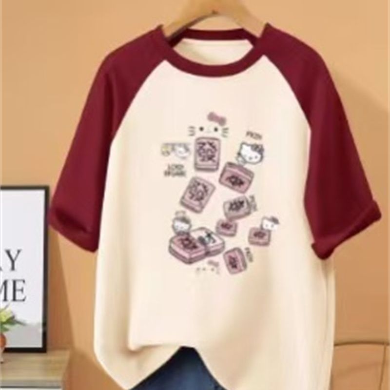 PPHOME美式2025夏季纯棉HelloKitty字母印花女短袖T恤嘻哈上衣