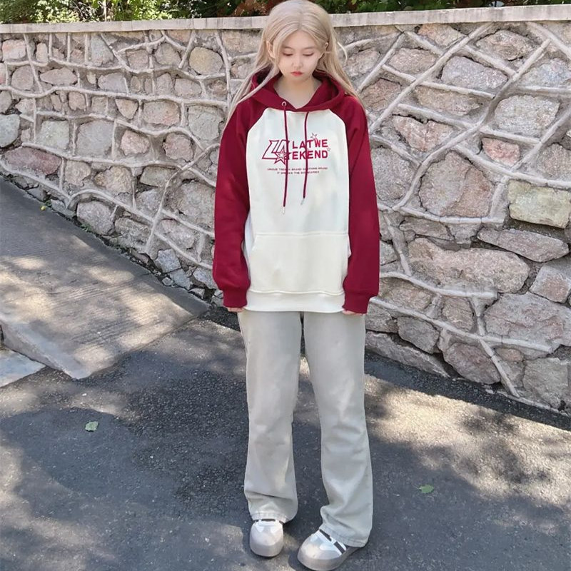 PPHOME美式复古字母印花连帽卫衣女秋季新款宽松显瘦百搭上衣外套