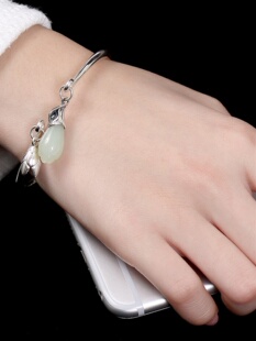 入梦 原创设计S990足银和田玉兰花手镯子复古宫廷民族风手环礼品