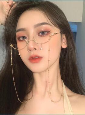 眼镜框下半框女男无镜片装饰带链子过生日搞怪镜架半框道具御姐