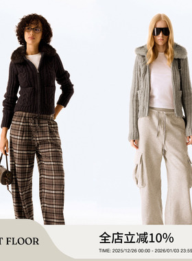 FIRSTFLOOR 复古拼接毛领绞花保暖修身收腰短款开衫外套上衣