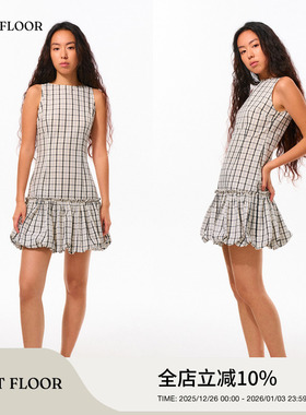 FIRSTFLOOR复古夏季泡泡纱设计感复古格纹修身收腰短款连衣裙