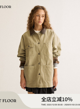 FIRSTFLOOR 中长款皮质洗水立领宽松拼接复古格纹猎装夹克上衣女