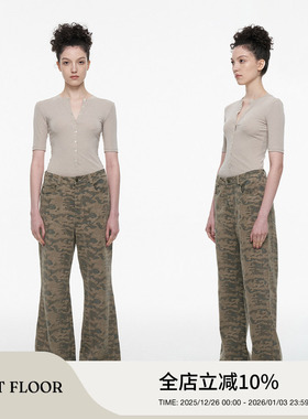 FIRSTFLOOR 两色洗水复古做旧纯棉牛仔迷彩裤中低腰宽松直筒裤