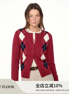 FIRSTFLOOR 新年红色提花撞色菱格针织开衫复古软糯舒适毛衣