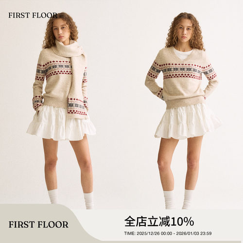 FIRSTFLOOR 秋冬费尔岛雪花提花V领慵懒风松弛感短款休闲毛衣上衣
