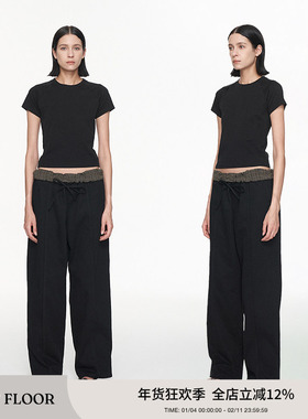 FIRSTFLOOR 撞色拼接腰头两穿洗水直筒工装裤 棕色/黑色