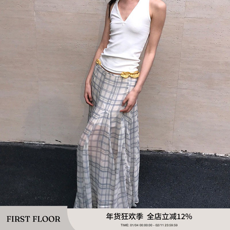 FIRSTFLOOR 不规则格子鱼尾修饰身形夏装微透网纱飘逸温柔半身裙