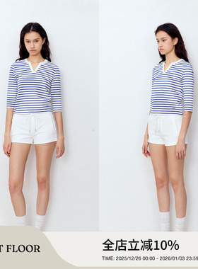 FIRSTFLOOR 经典基础合身条纹七分V领内搭正肩多色中袖T恤