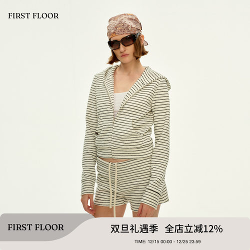 FIRSTFLOOR 毛巾绒复古条纹轻薄初秋开衫宽松短款休闲卫衣外套女
