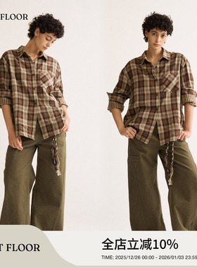 FIRSTFLOOR 棉感复古格纹拼接条纹双面设计宽松翻领长袖衬衫女