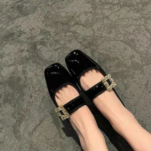 申敏儿2023方扣玛丽珍单鞋女方头中跟水钻芭蕾舞平底鞋女秋季潮火