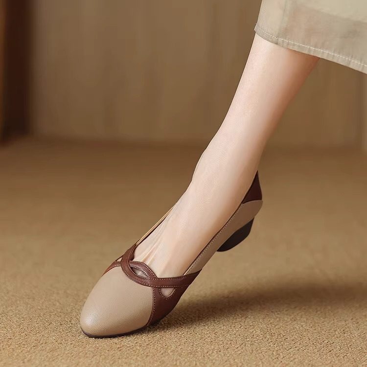 特价清仓真皮单鞋女2025春季新款平底尖头软底拼色浅口工作小皮鞋,女鞋,浅口单鞋,淘宝优惠券,粉丝福利购,淘宝优惠卷