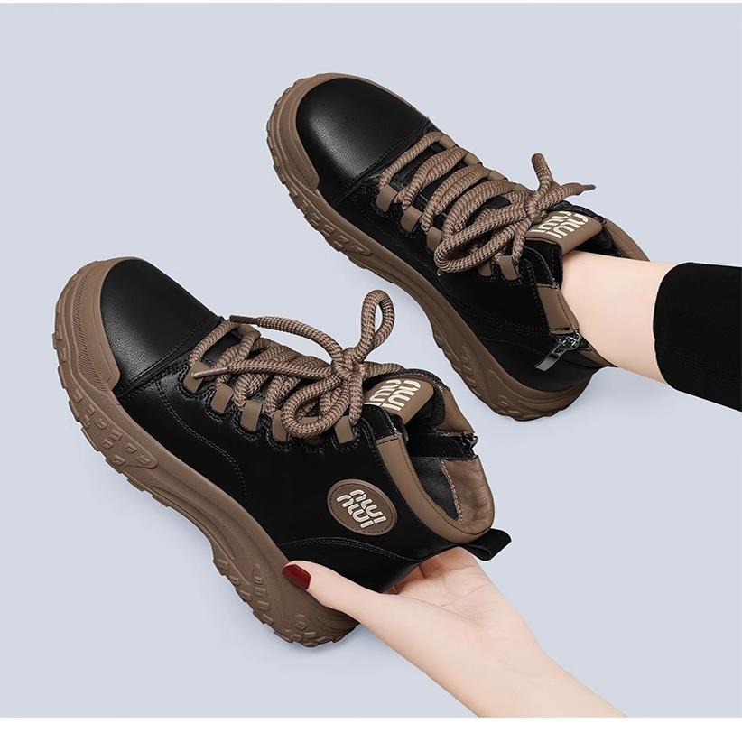 真皮马丁靴女平底厚底高帮短靴