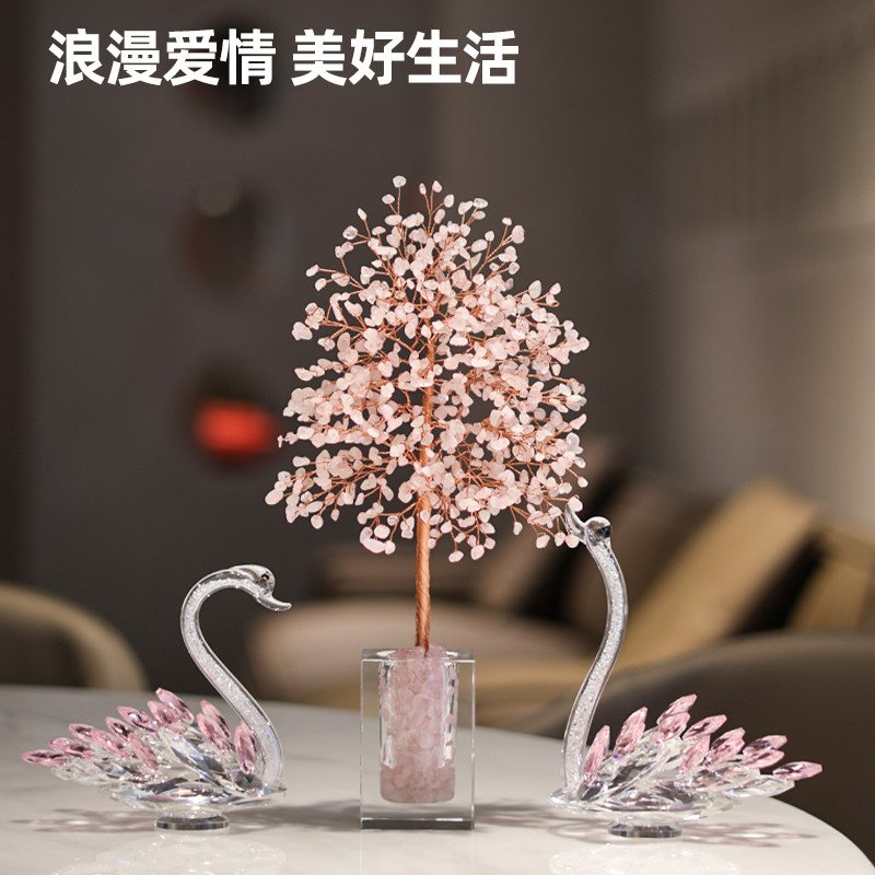 天然粉水晶水晶天鹅摆件结婚礼物