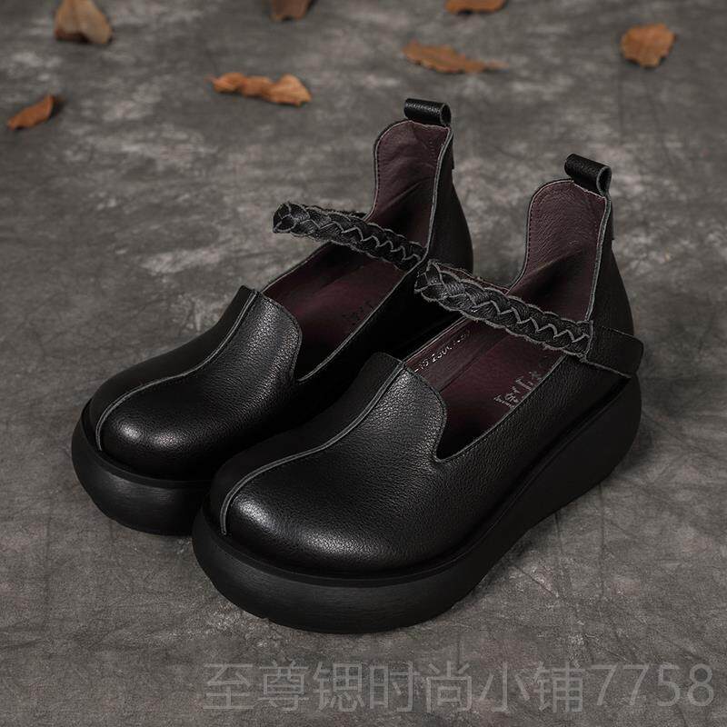 正品民族风圆女鞋20春25秋季真皮单鞋头休闲口浅鞋舒适厚底松糕鞋