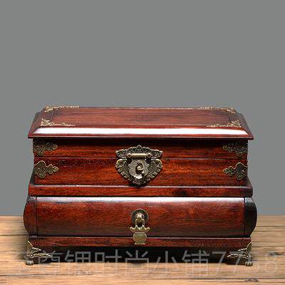 正品子红木大首饰盒复古风古典中式实木雕花饰品宝珠收纳盒带镜红