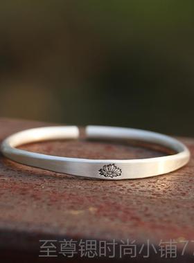 正品999纯银磨砂古法雏中间扁 菊致实心天然复文艺古精手镯