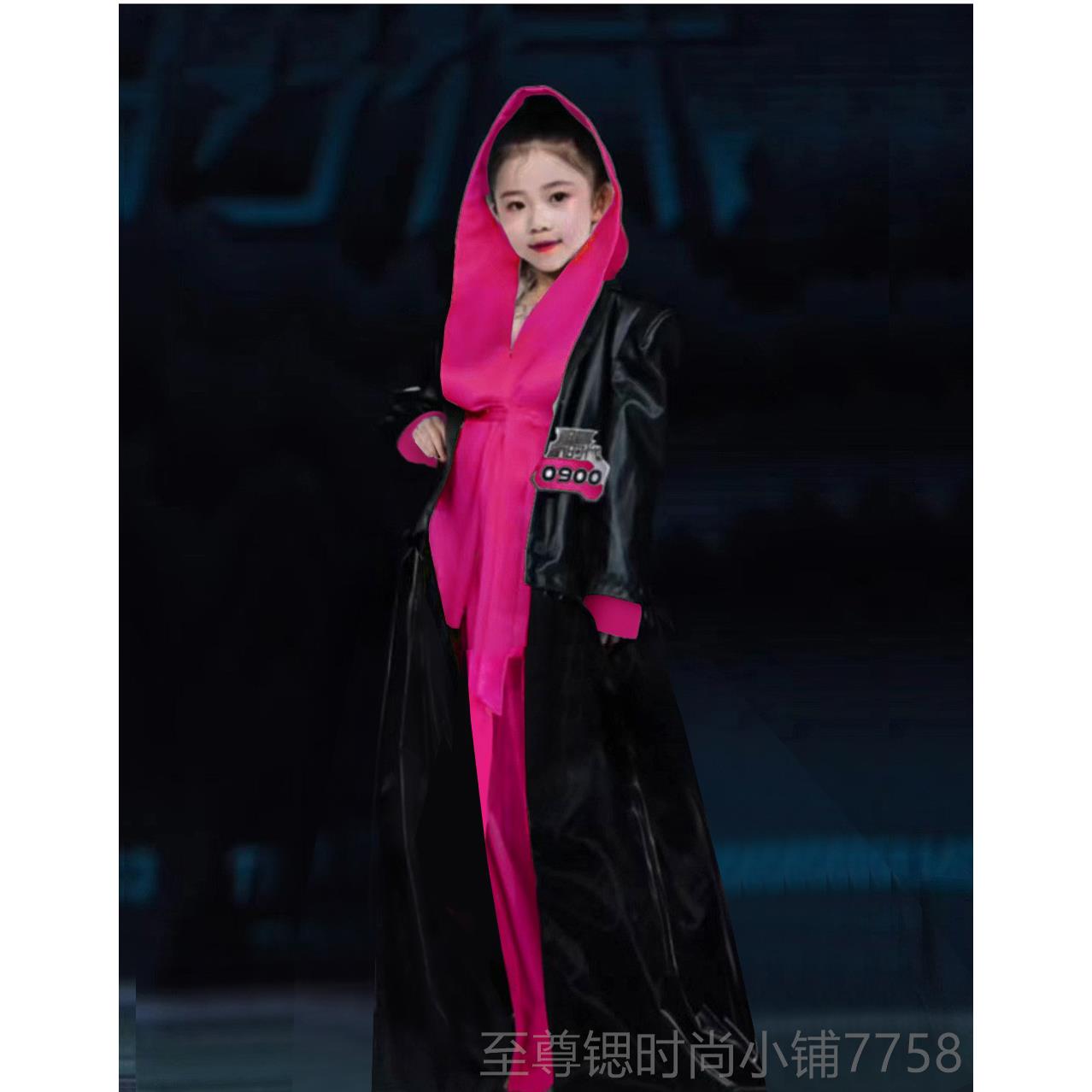 正品童新儿款演出服潮服舞模特T台走秀黑色拉丁赛袍浴定制定做log