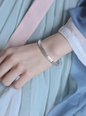 正品铃兰 原雪足创银复古文艺清手新工细手镯环哑光刻字送妈花妈