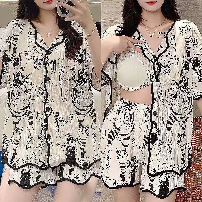 带胸垫睡衣女夏季纯棉2026新款短袖短裤开衫卡通可外穿家居服套装