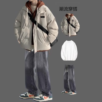 假两件棉衣男生加厚冬季外套2024新款连帽棉服男款面包服美式棉袄