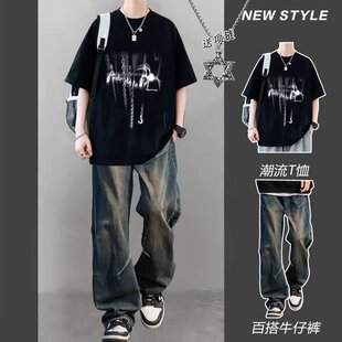 休闲套装 夏装 男夏季 高街牛仔裤 帅气男生穿搭一套搭配美式 痞帅短袖
