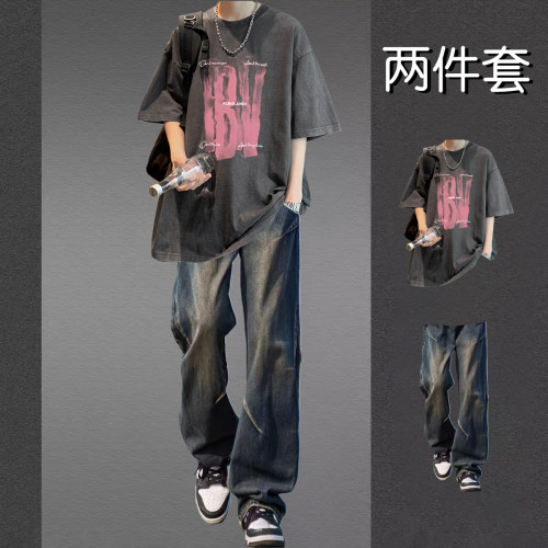 美式潮牌短袖T恤男士夏季套装男生帅气一套搭配时髦牛仔裤两件套