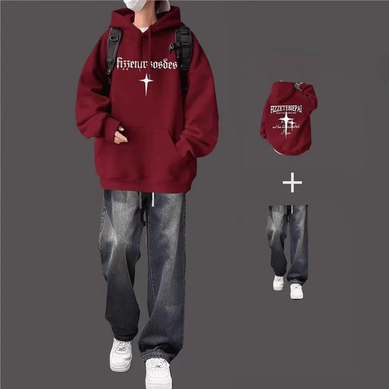 加绒潮牌美式连帽加绒卫衣青少年痞帅套装男生设计款上衣显高一套