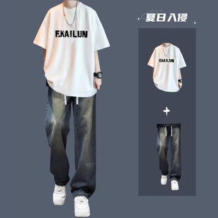 夏季新款短袖青少年男装帅气学生潮流套装男生酷帅长裤一整套衣服