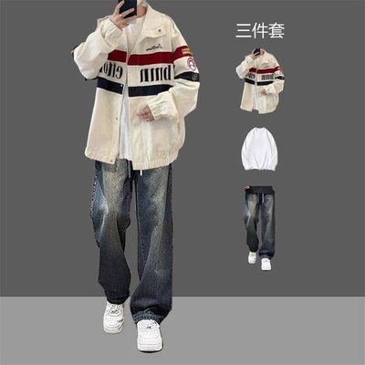 春秋新款美式机车服复古刺绣夹克外套男士套套装宽松高级感上衣潮