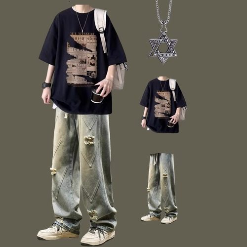 夏季短袖套装男美式潮牌t恤痞帅一套搭配休闲裤男生酷帅穿搭套装