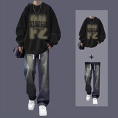 上衣男装 圆领卫衣男套装 一套搭配帅气 加绒长袖 美式 2024新款 秋冬季